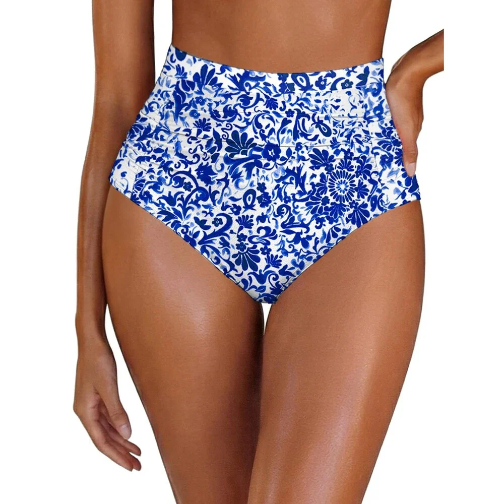Arolina Blue High Waisted Floral Bikini Bottoms Ruched Tummy Control Swimsuits L